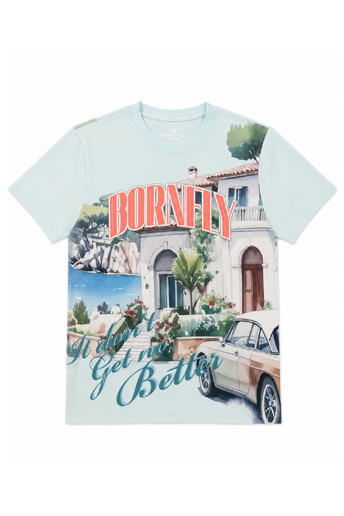 T-shirt with a scenic print and text on a white background