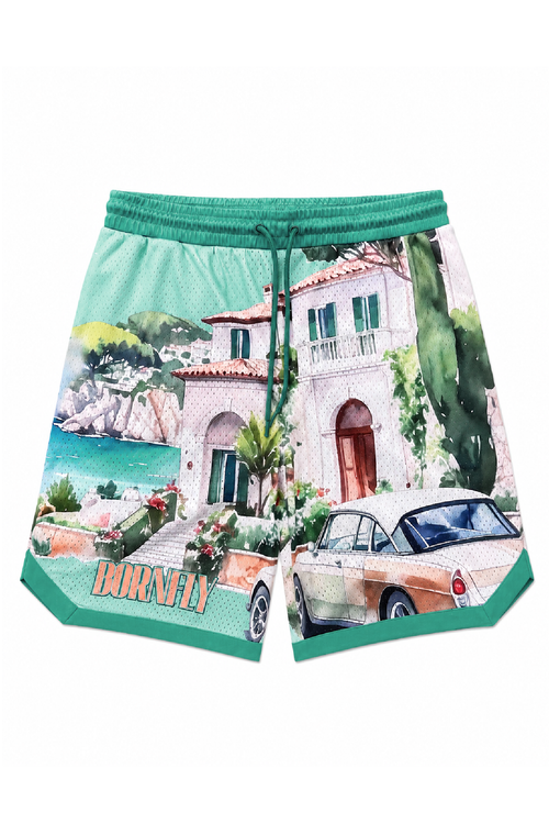 Shorts with a scenic print of a house and car on a white background