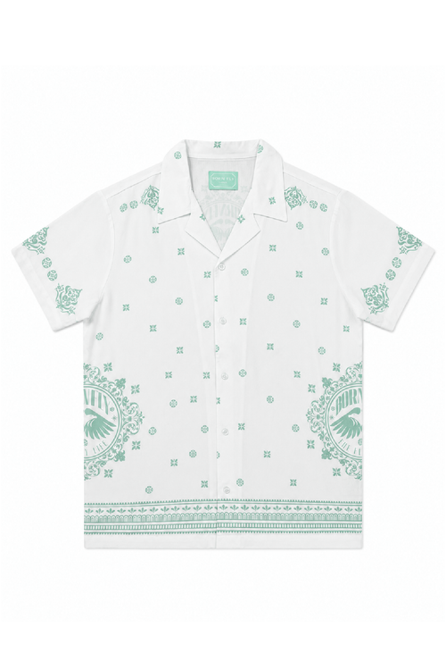 White shirt with green pattern on a white background