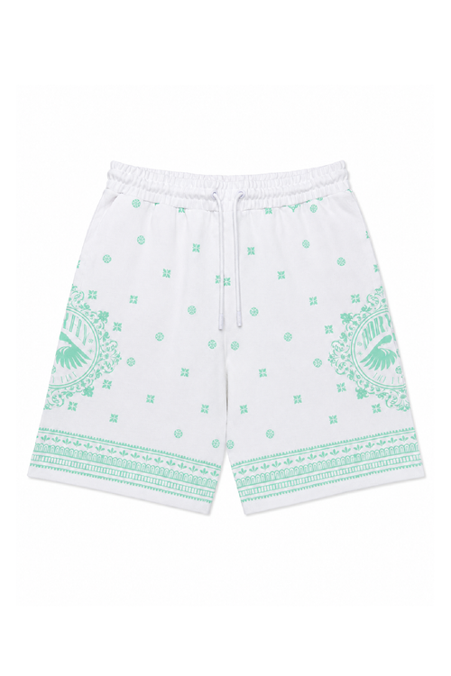 White shorts with green patterns on a white background